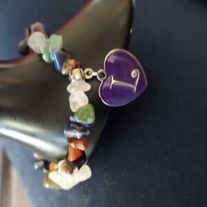 Multi Chakra Gemstone Chip Intial "L" Heart Charm Stretch Bracelet